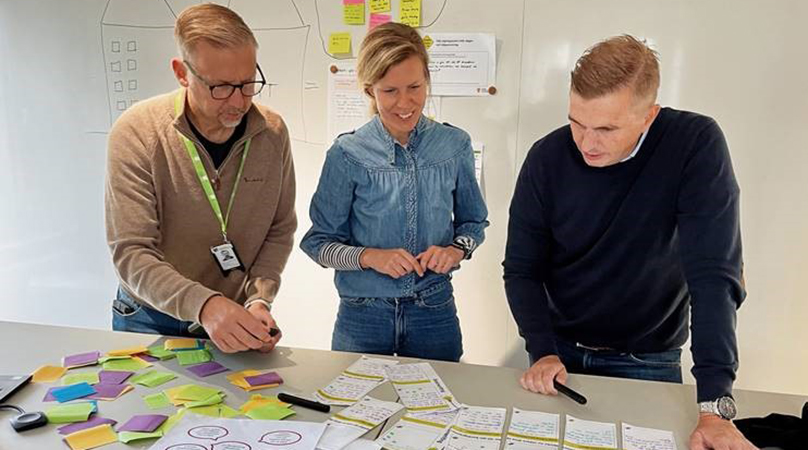 Tre personer står lutade över ett bord med massor av post-it lappar. Det är två män och en kvinna, samtliga kollar ner i bordet och ler.