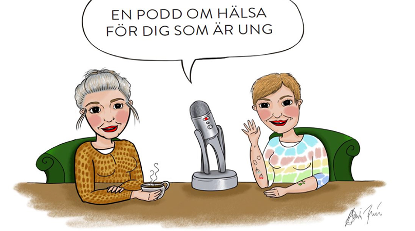 Illustration av podden "Lilla podden om livet": två tecknade personer sitter med en mikrofon mellan sig. En pratbubbla är mellan dem med poddens namn skrivet i.