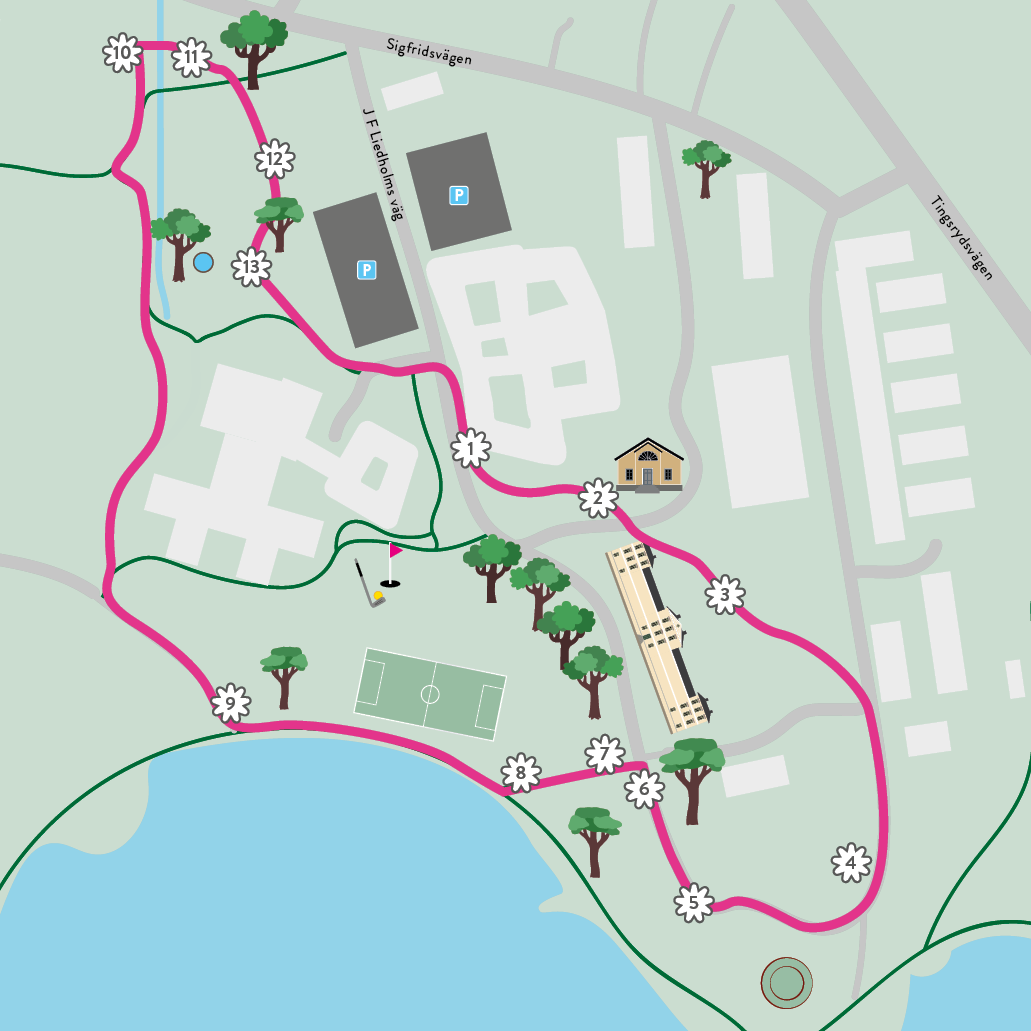 Karta över Almstigen med de olika stoppen utmärkta.