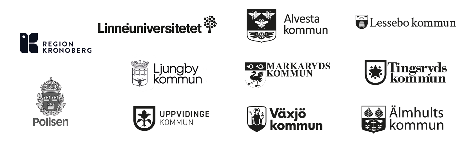 Samling av processens samarbetspartners, illustrerat med logotyper: Region Kronoberg, Linnéuniversitetet, polisen, Ljungby kommun, Uppvidinge kommun, Alvesta kommun, Markaryds kommun, Växjö kommun, Lessebo kommun, Tingsryds kommun, Älmhults kommun.