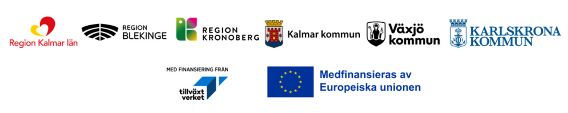 Logotyper från Region Kalmar län, Region Blekinge, Region Kronoberg, Kalmar kommun, Växjö kommun, Karlskrona kommun med finansiering från Tillväxtverket och Europeiska unionen