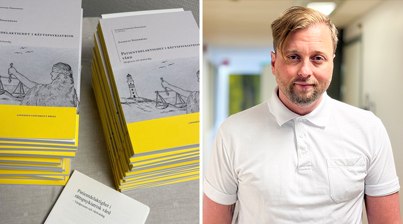 Högar av avhandlingen och en porträttbild av Andreas i vit pikettröja.