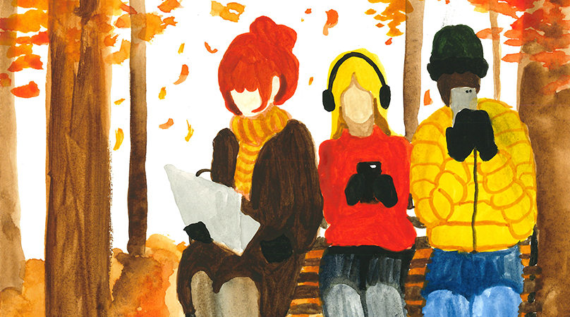Illustration av tre ungdomar på en bänk i höstig omgivning.