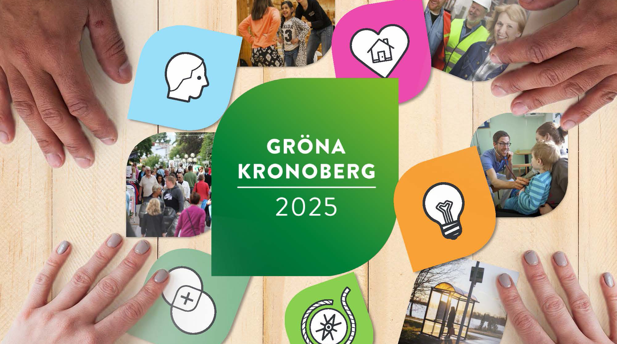 Texten "Gröna Kronoberg, 2025" i en ruta. Runt om syns händer som håller i papper med olika symboler och foton på människor.