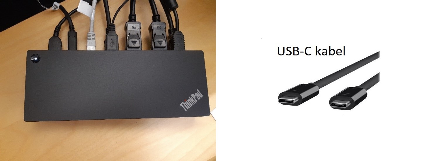 Dockningsstation med USB-C är fyrkantig och kopplas till datorn med en USB-C-kabel