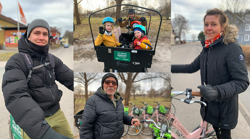 Kollage med olika personer som står vid cyklar.