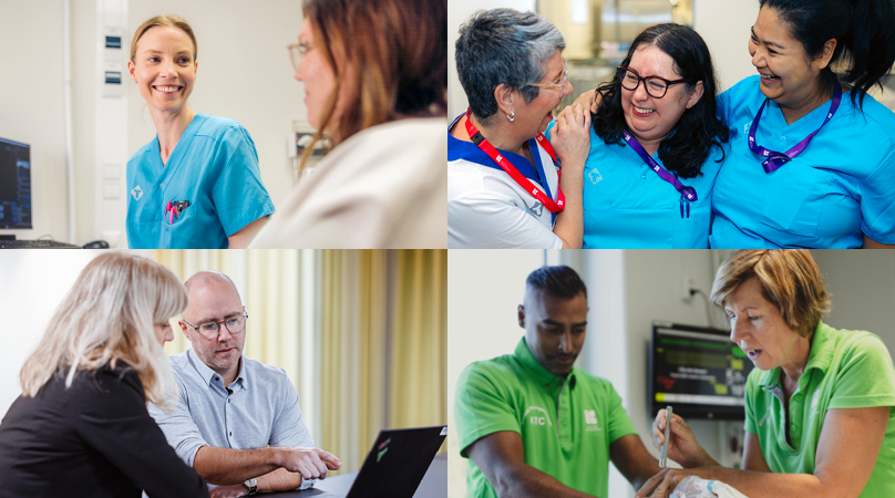 Collage med fyra bilder på personal inom sjukvård, tandvård, administration och service.