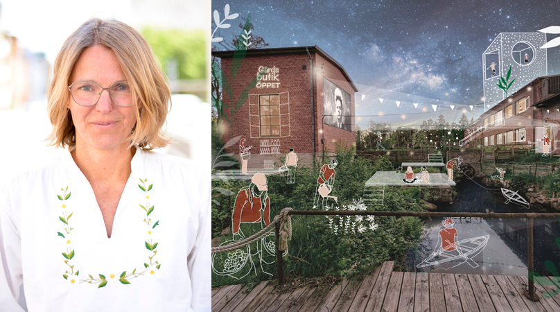 Till höger är ett porträtt av Eva Haraldsson, projektledare för BY2030. Till höger är en illustrationsbild av vad projektet kan vara, ett nedlagt bruk som fått nytt liv genom illustrerande människor.