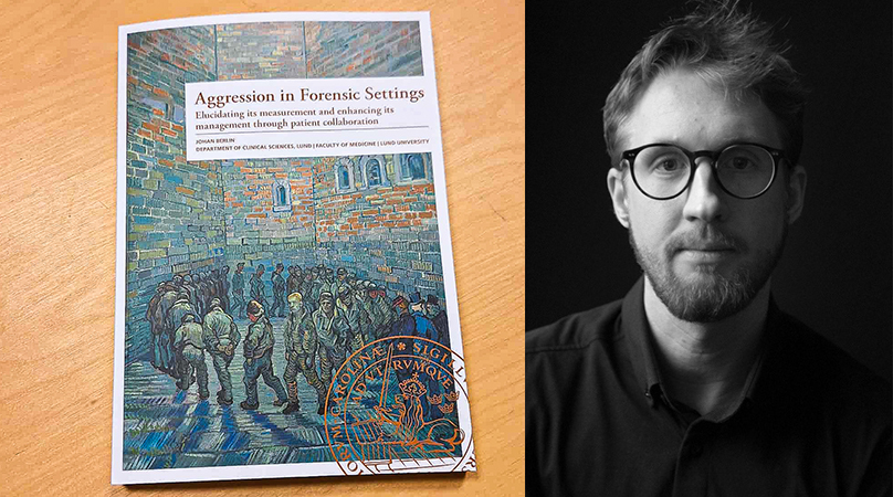 Bildcollage med avhandling med titel "Aggression in Forensic Settings" ligger på träbord, samt porträtt av Johan Berlin