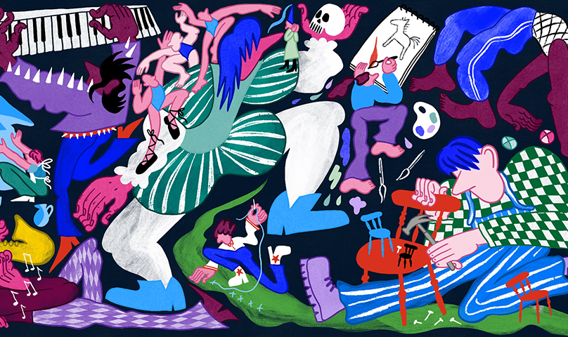 Illustration skapad av Ellen Greider. Bilden visualiserar olika personer som målar, sjunger, dansar och bygger. Primära färger: Blå, grön, rosa och lila med svart bakgrund.