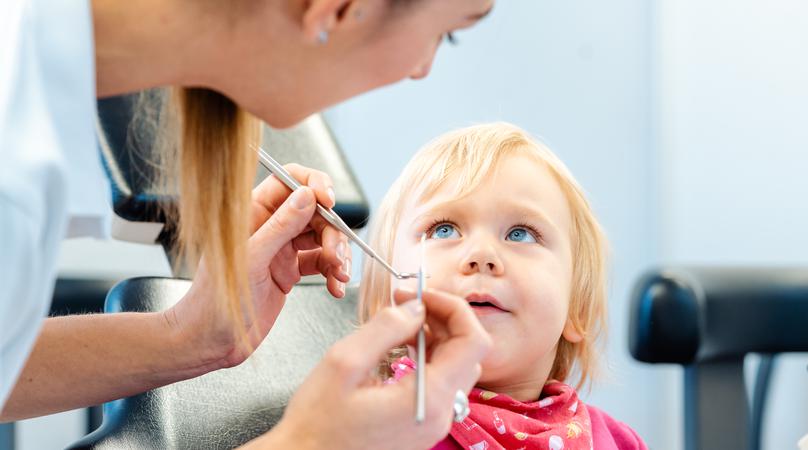 Dentist explaining treatment to a child using a plush toy, the little girl is watching
